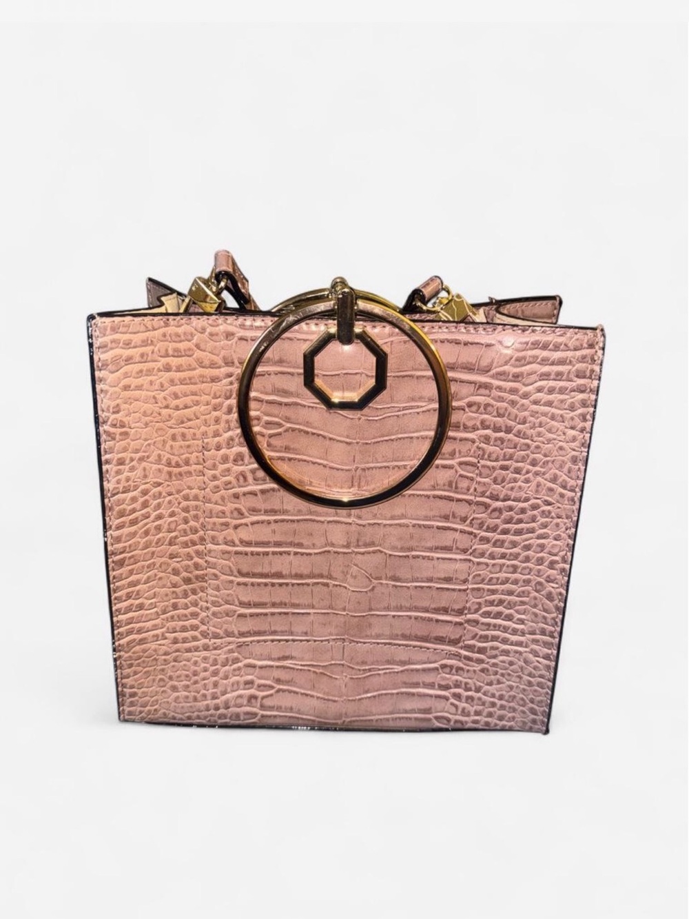 Gianni Bini Structured Croc-Texture Bag with Gold Ring Handle - Blush Pink